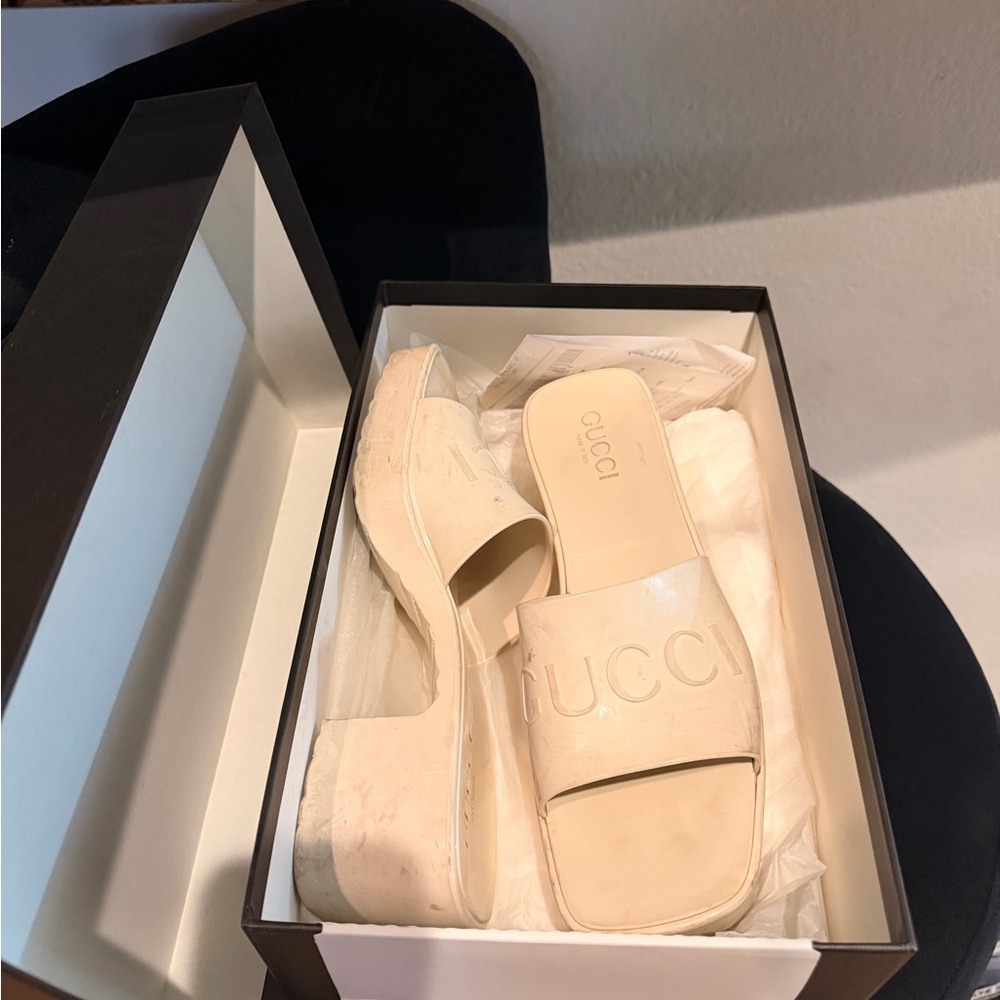 Gucci Women's Beige Embossed Mules